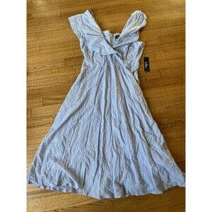 NWT LULUS Yacht Rock Blue & White Striped Off-the-Shoulder Midi Dress Women's Lg